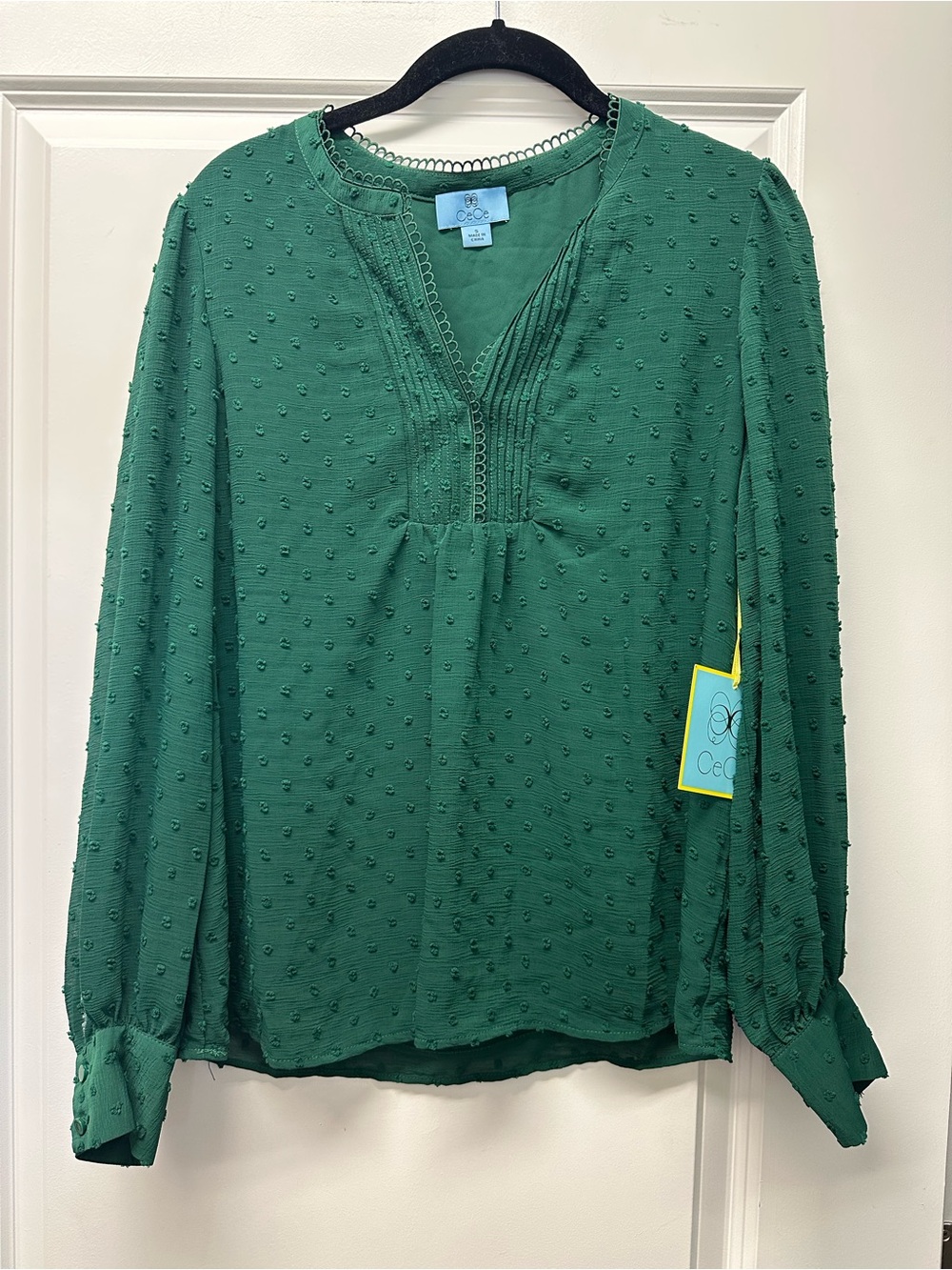 CeCe Emerald Green Textured Swiss-Dot Blouse